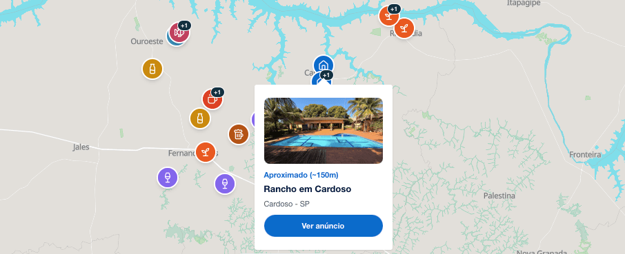 Mapa da região Maravilhas do Rio Grande com pontos de experiências e card de destaque do Rancho em Cardoso