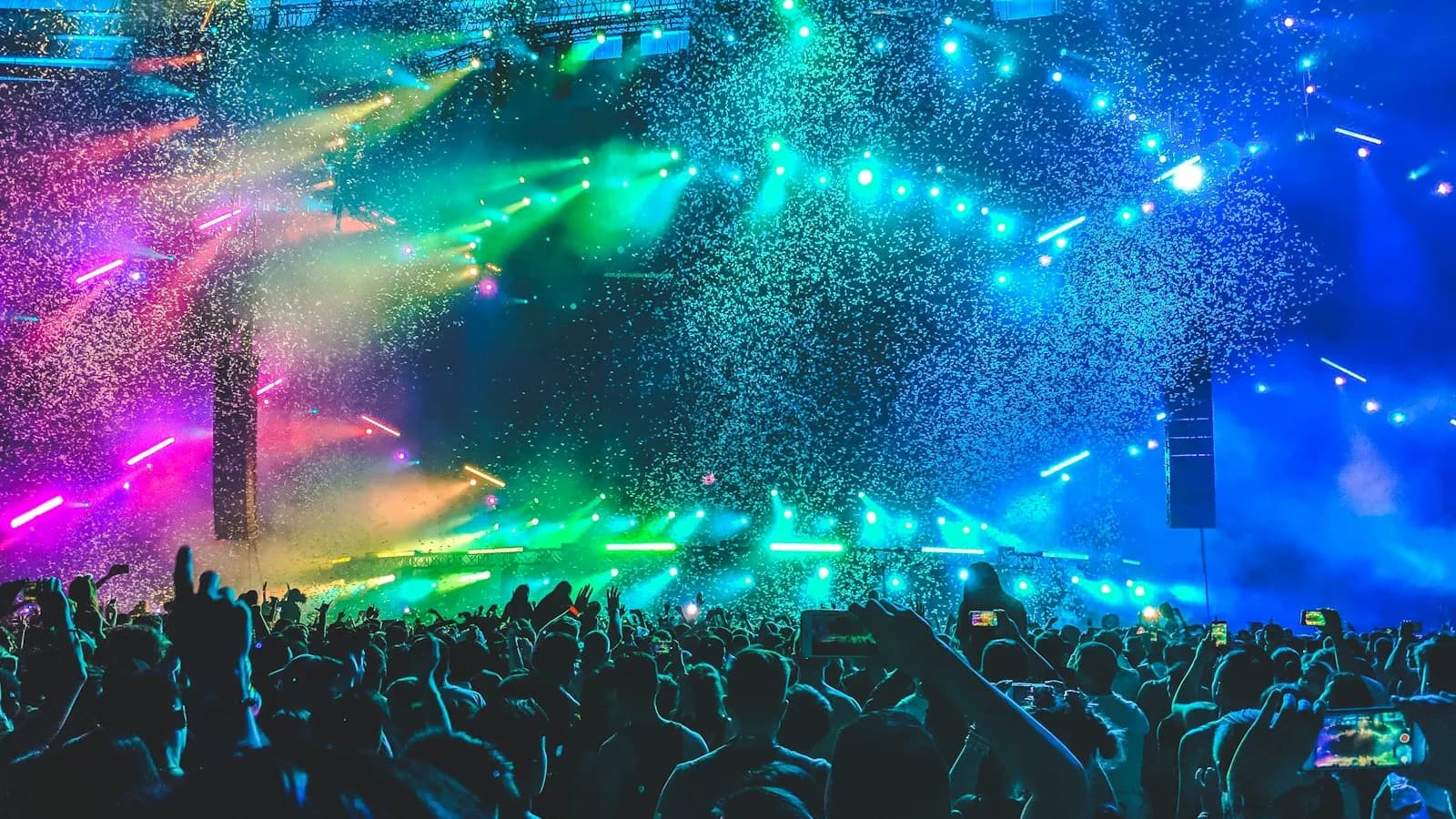 Foliões e iluminação de festival de carnaval e shows noturnos