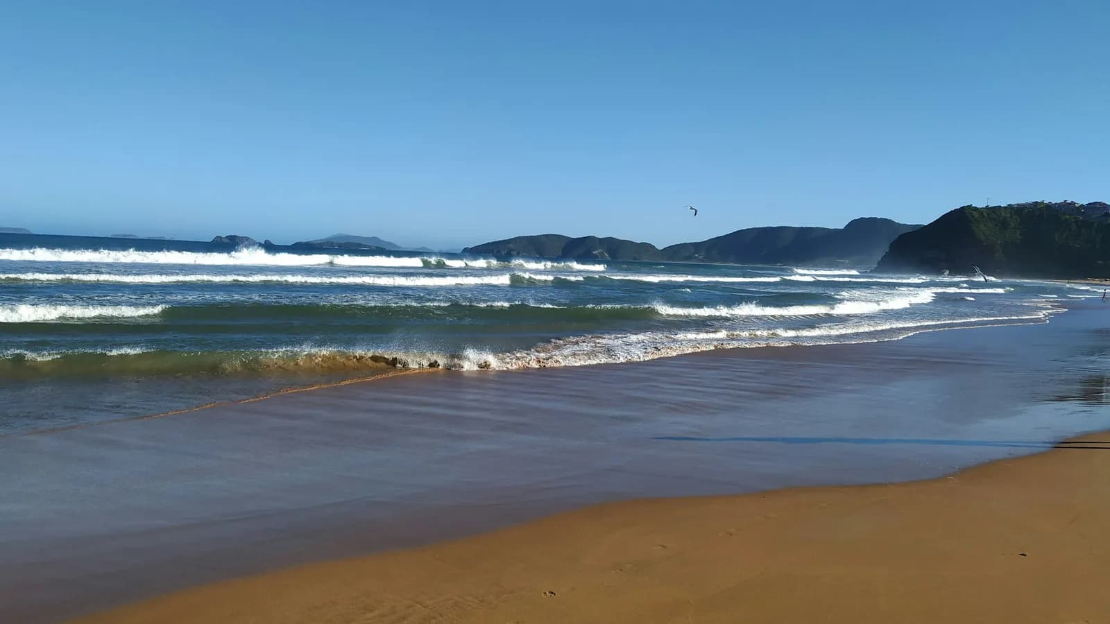 Praia de Geribá, em Búzios, com ondas e o morro ao fundo em dia de sol