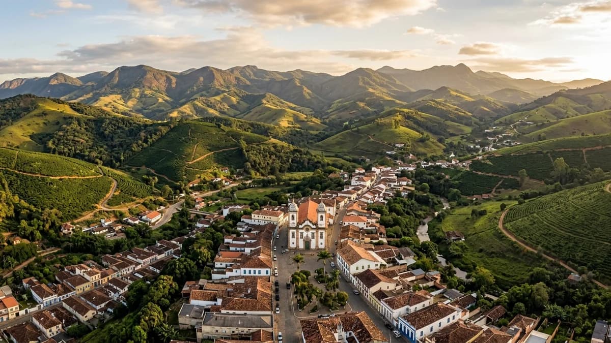 Vista panorâmica de Santa Rita do Sapucaí no Sul de Minas com igreja colonial e colinas de café da Serra da Mantiqueira
