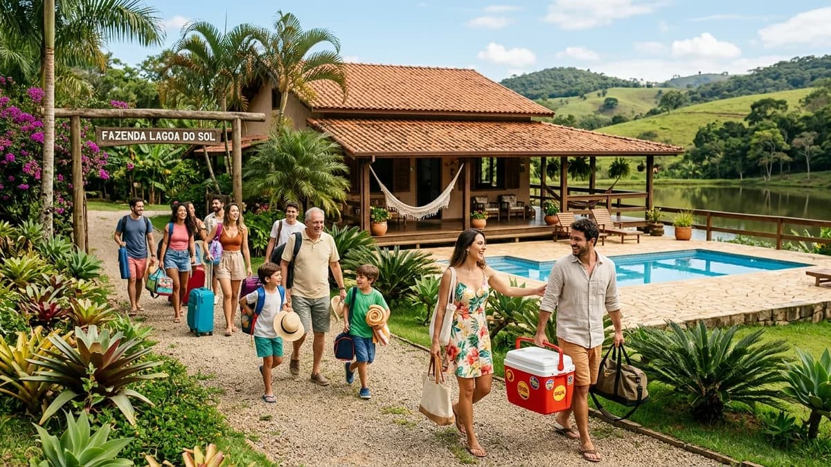 Família chegando a um rancho para fim de semana seguro e agradável