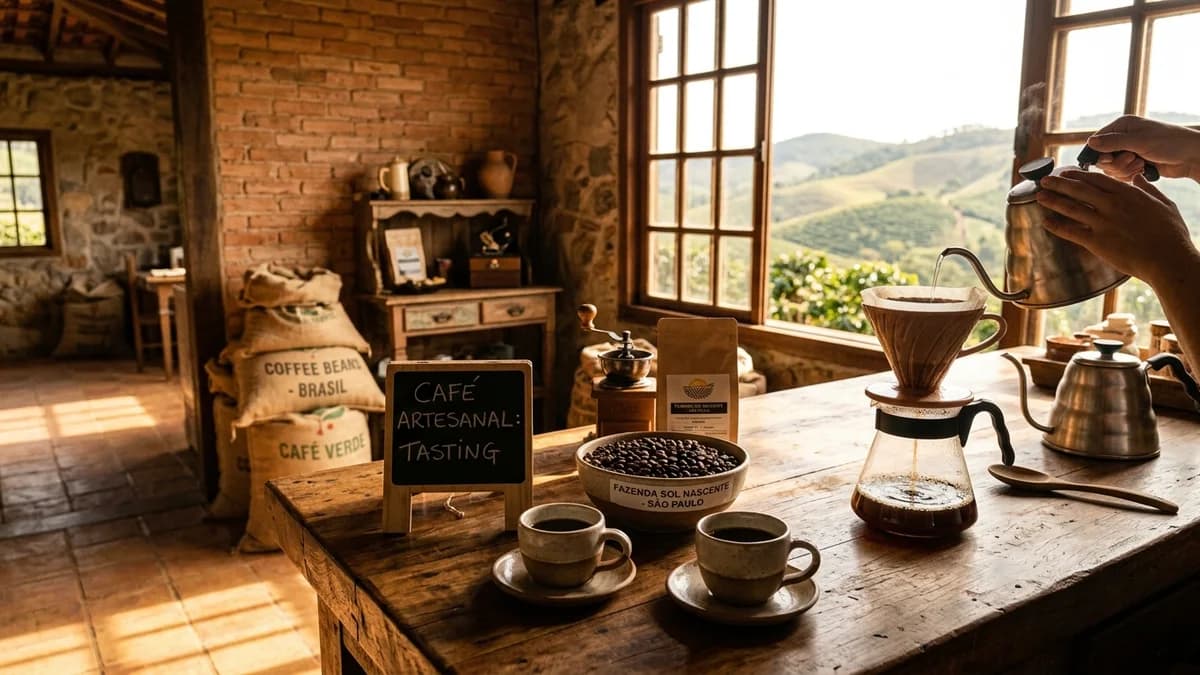 Café especial sendo filtrado em coador V60 com grãos torrados e xícaras de cerâmica em mesa rústica de fazenda