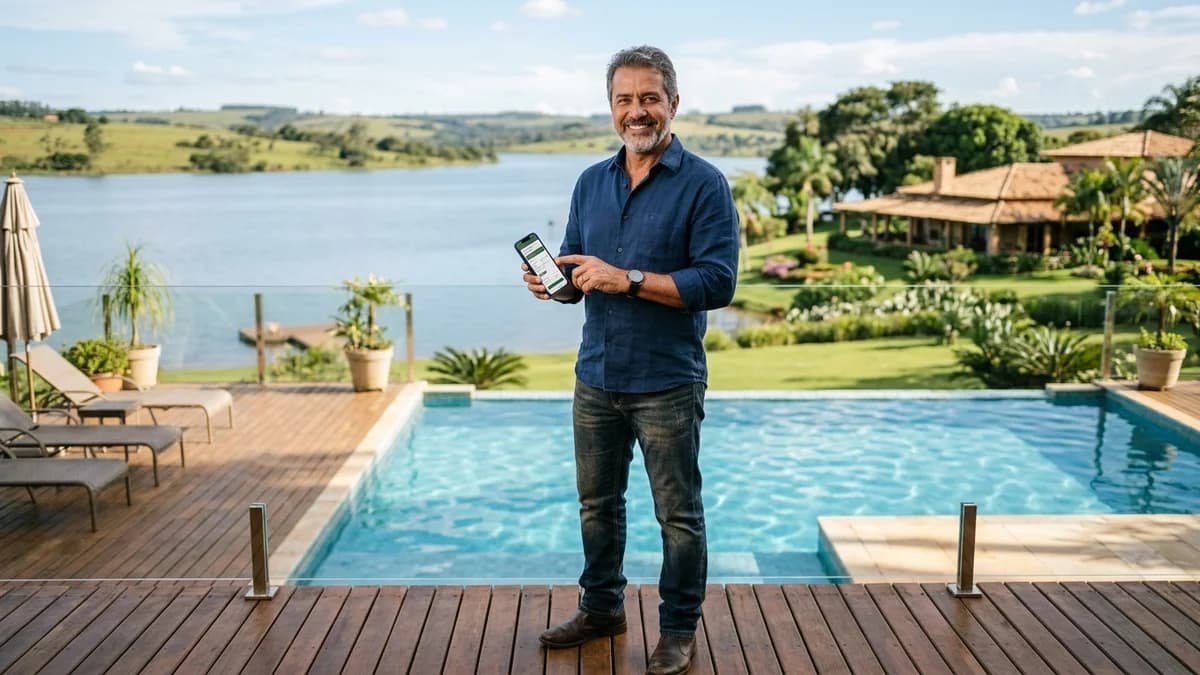 Proprietário de rancho de temporada conferindo reservas no celular com segurança