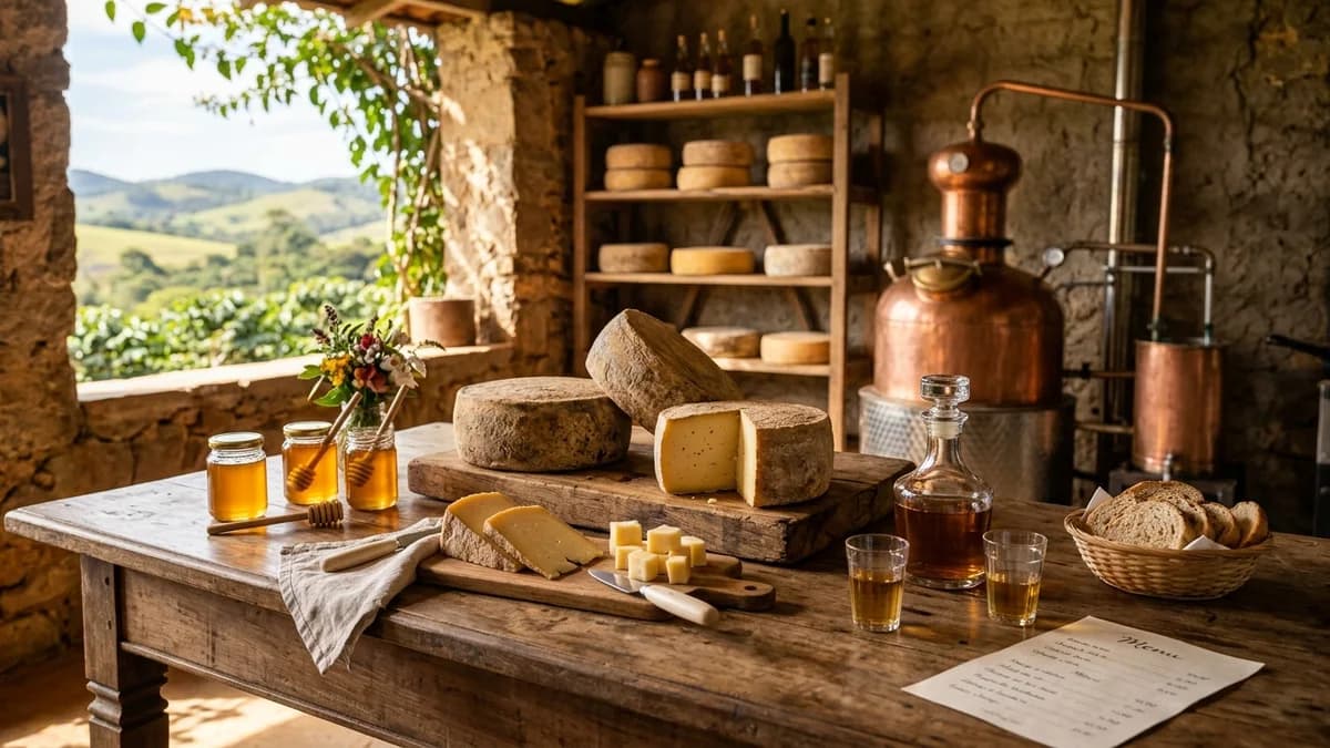 Mesa rústica de degustação caipira com queijos maturados, mel, pão de fazenda e cachaça ao lado de alambique de cobre