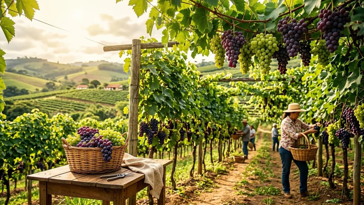 Parreiral de uvas de mesa no interior paulista com cachos fartos e cesta de colheita pronta no Colha e Pague