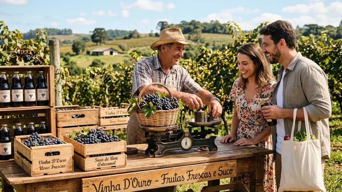 Produtor rural brasileiro no parreiral pesando uvas colhidas na balança para casal de turistas