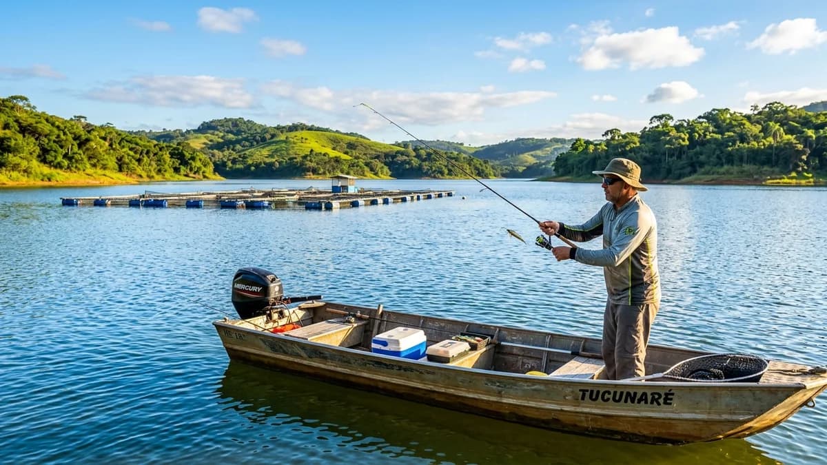 Pescador esportivo em barco de pesca no reservatório do Rio Grande com tanques rede ao fundo