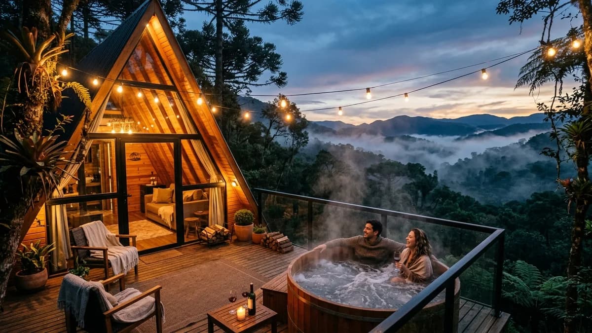 Cabana A-frame de madeira no interior montanhoso com deck e hidromassagem ao entardecer