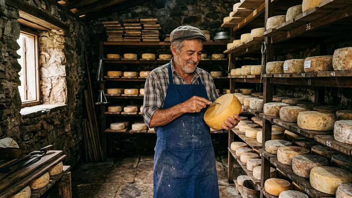 Mestre queijeiro artesanal inspecionando queijo curado em sala de maturação de fazenda